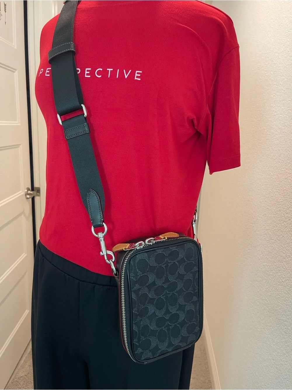 Black Patterned Men's Crossbody Bag with Contrast Trim